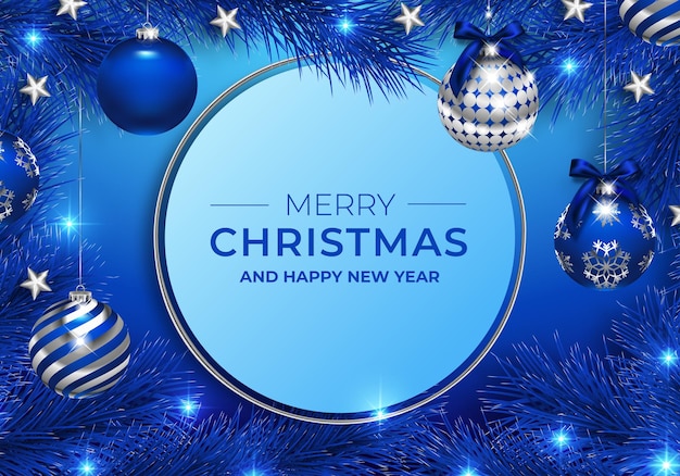 christmas background with blue and silver ornaments