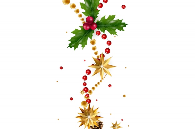 Christmas background with a composition of festive elements such as gold star, berries, decorations for the Christmas tree, pine branches. Chic Christmas card. Merry Christmas and Happy New Year.