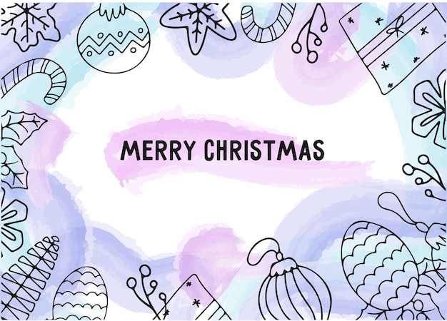 Рождественский фон с элементами дизайна каракулей и текстом "Счастливого Рождества" Векторная иллюстрация с нарисованными вручную новогодними игрушками и подарками