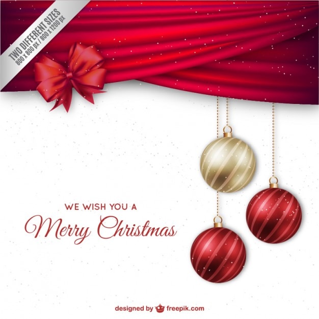 Christmas background with elegant baubles and red ribbon