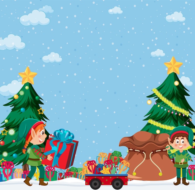 Christmas background with elves and gifts