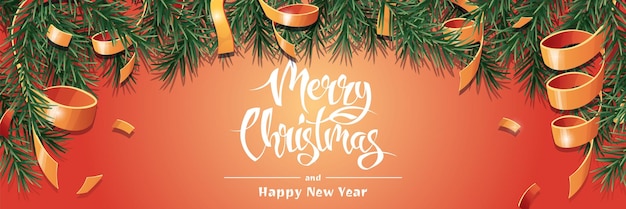モミの枝と曲がりくねったクリスマスの背景お祭りの要素を持つ水平バナー広告チラシの背景などに最適冬のベクトルの背景