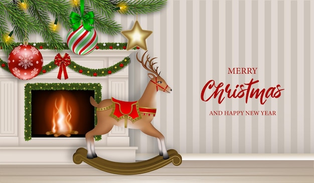 ベクトル クリスマスの背景に暖炉、ロッキング ホース。クリスマスグリーティングカード