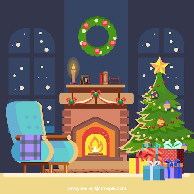 Christmas background with fireplace in flat design