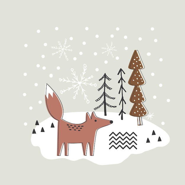 Vector christmas background with fox and tree design