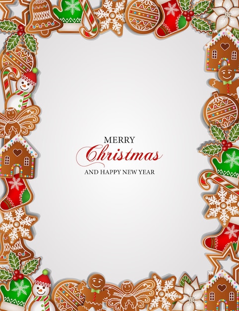 christmas background with gingerbread cookies. christmas frame with gingerbreads