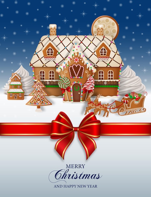 Christmas background with gingerbread landscape and red bow. christmas poster with cookies