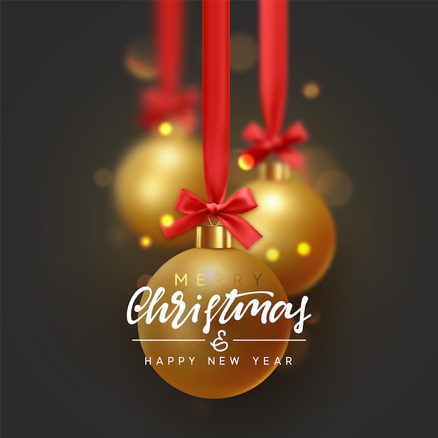 Christmas background with golden balls hanging on red ribbon with bows and bright sparkling bokeh lights. vector illustration