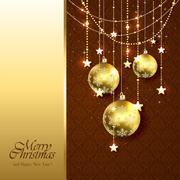 Christmas background with golden balls stars and decorative elements on brown wallpaper illustration