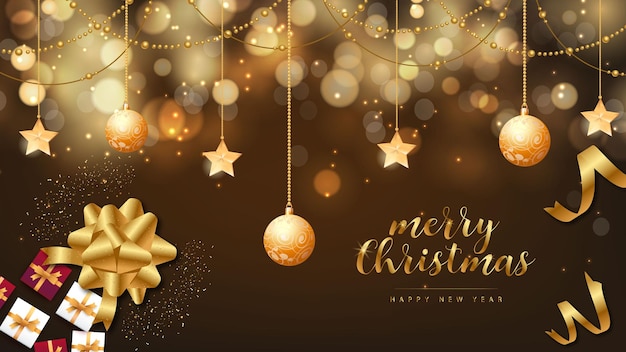 Christmas background with golden Christmas balls or bubbles and gift box Premium Vector