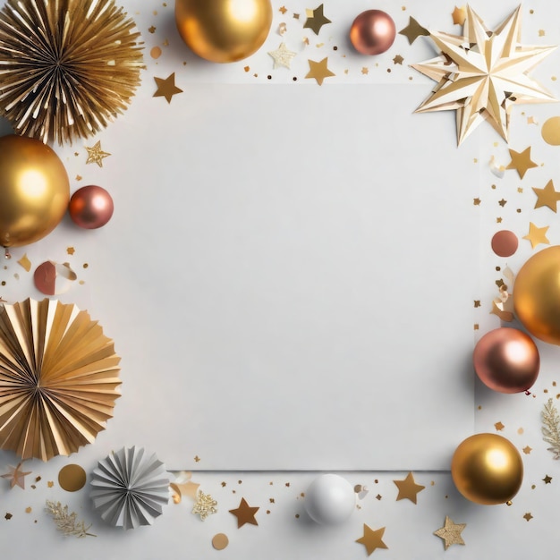 christmas background with golden frame golden decorations snowflakes and balls christmas bac