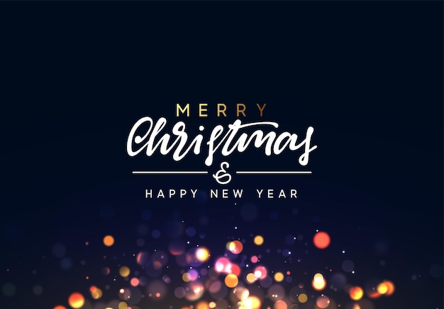 christmas background with golden lights bokeh. xmas greeting card. magic holiday poster, banner. night bright gold sparkles background. merry christmas and happy new year