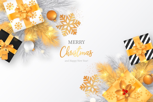 Christmas background with golden presents and decoration