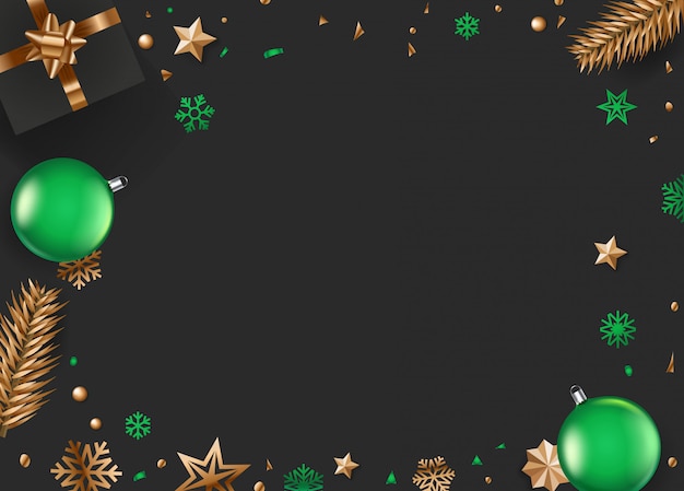 Christmas  background with green and gold accessories