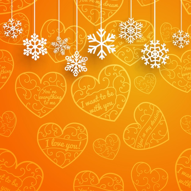 Christmas background with hanging snowflakes on background of hearts in orange colors