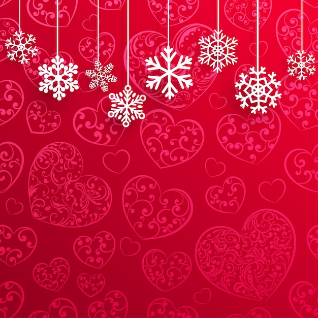 Новогодний фон с висящими снежинками на фоне сердец в красных тонах