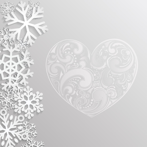 Christmas background with hearts and snowflakes in gray colors