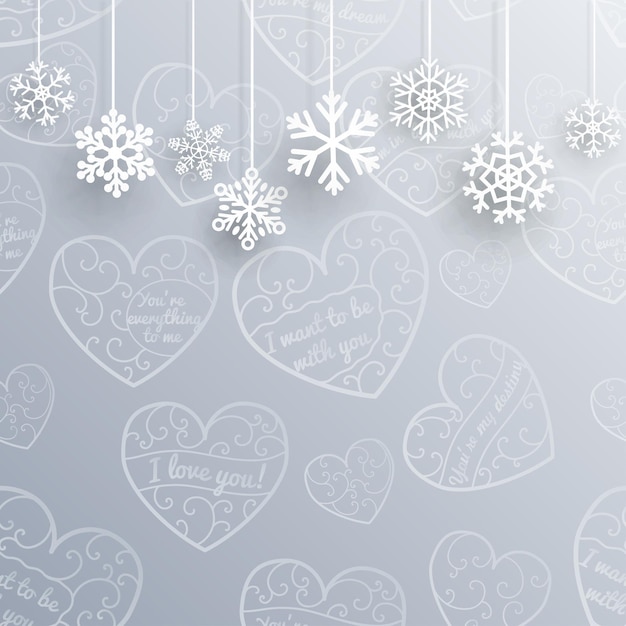 Christmas background with hearts and snowflakes in light blue colors