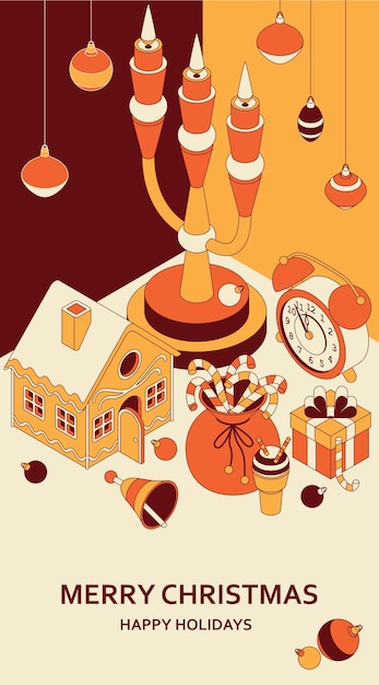 Christmas background with isometric cute toys. candelabrum and gingerbread house