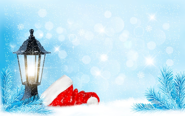 Christmas background with a lantern and a Santa hat.