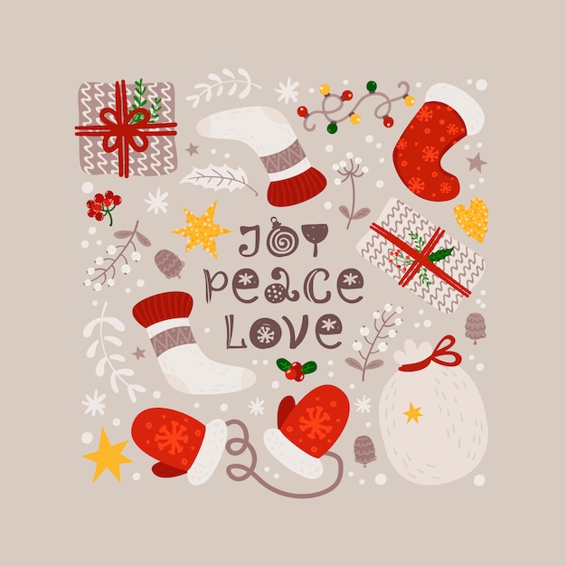 Vector christmas background with mittens, socks and gifts