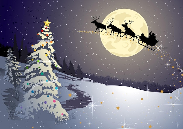 Christmas Background with Night Winter Landscape and Silhouette of Santa Claus with Reindeer Sleigh