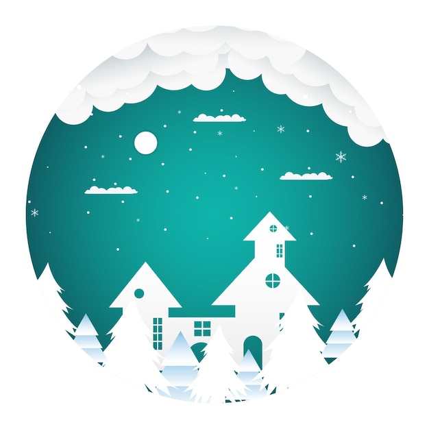 Vector christmas background with paper art with santa house and snowflakes with moon and santa house