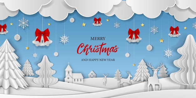 Vector christmas background with paper landscape clouds and decorations