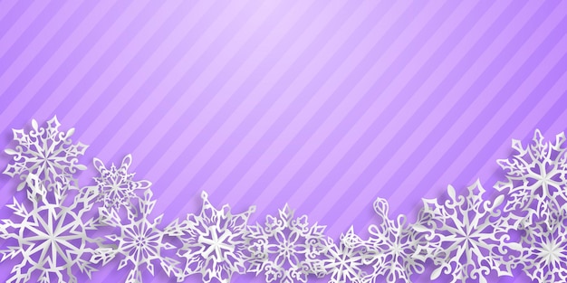 Christmas background with paper snowflakes with soft shadows on light purple striped background