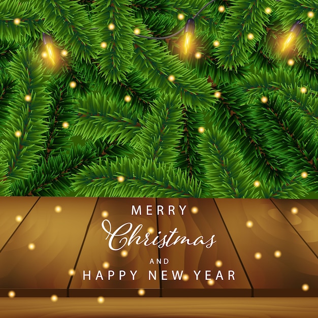 Christmas background with pine leaf  light and wooden