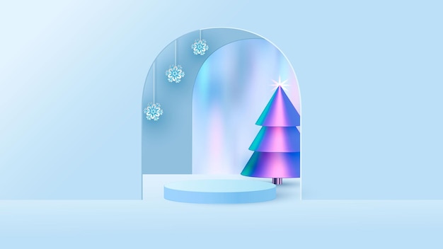 クリスマスの背景に表彰台、最小限のクリスマス シーンにクリスマス ツリーと製品のプレゼンテーションのための雪片