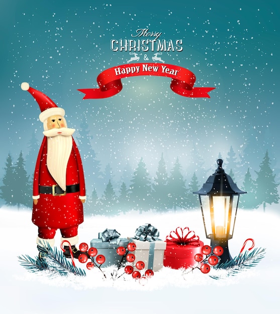 Christmas background with presents and santa claus. vector illustration