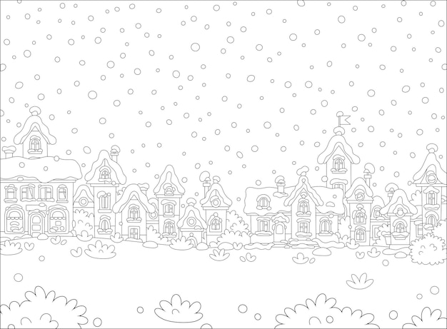 Christmas background with pretty houses of a small toy town on a cold and snowy winter day