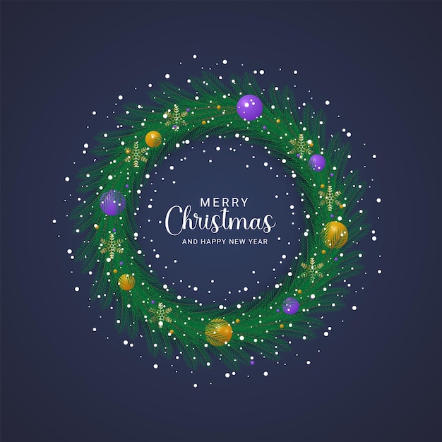 Vector christmas background with realistic wreath with leaves and snow with balls
