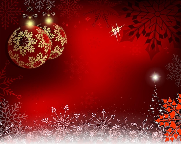 Vector christmas background with red balls with golden snowflakes