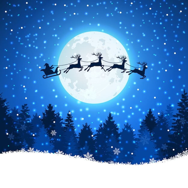 Christmas background with santa and deers flying on the sky