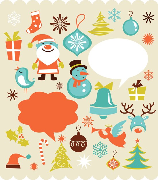 Christmas background with set of icons , retro style