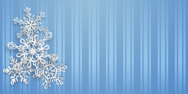 Christmas background with several paper snowflakes with soft shadows on light blue striped background