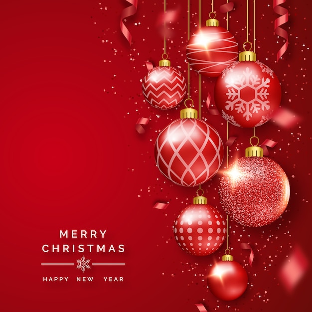 Christmas background with shining ribbons, confetti and colorful balls