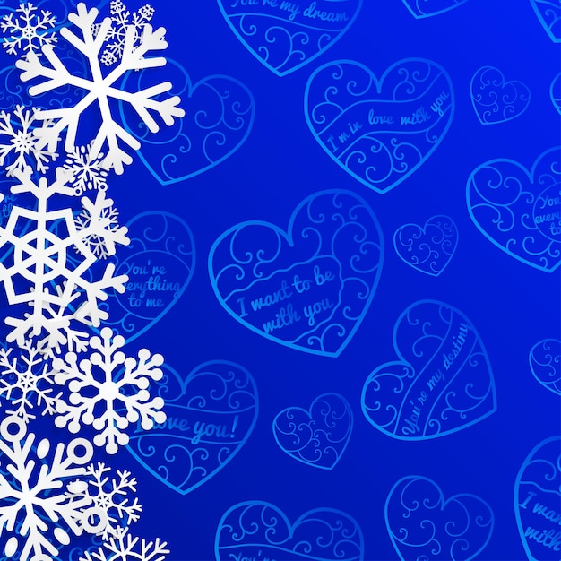 Christmas background with snowflakes on background of hearts in blue colors