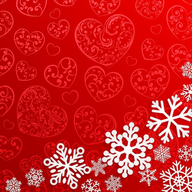Christmas background with snowflakes on background of hearts in red colors