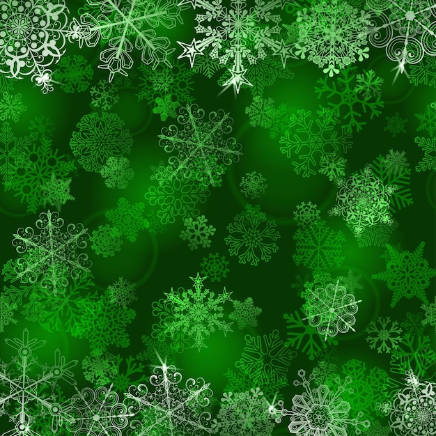 Новогодний фон со снежинками в зеленых тонах