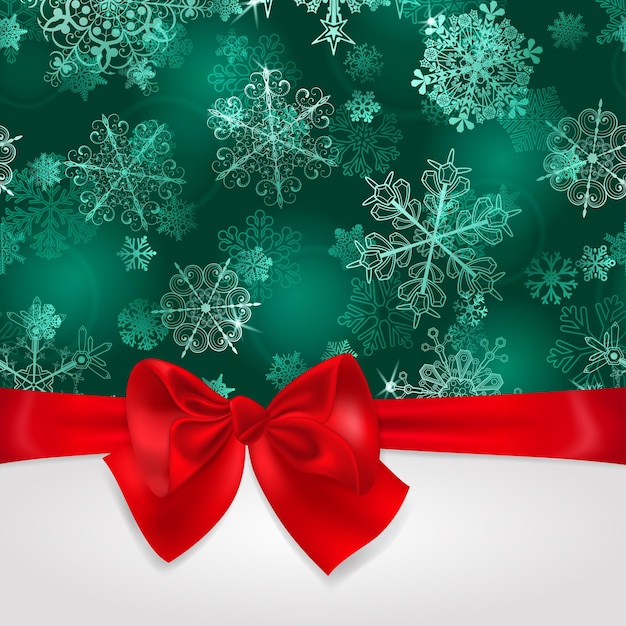 Christmas background with snowflakes in turquoise colors and big red bow with horizontal ribbons