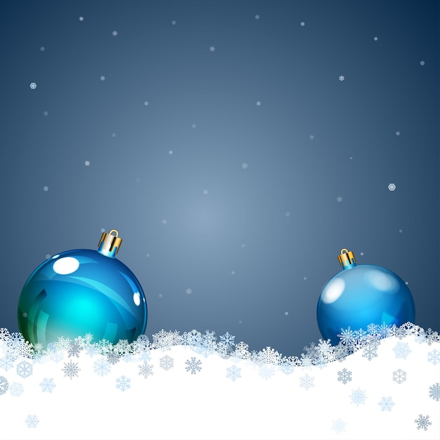 クリスマスの背景に雪片と雪の上の 2 つのクリスマス ボール