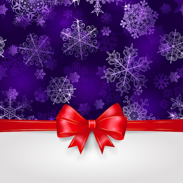 Christmas background with snowflakes in violet colors and big red bow with horizontal ribbons