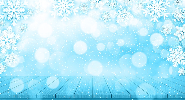 Christmas background with snowflakes and wood table