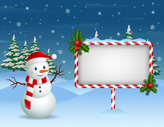 Christmas background with snowman and blank sign