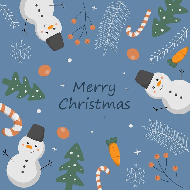 Christmas background with snowmen and fir trees