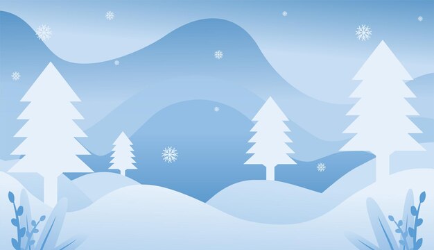 雪に覆われた冬の天候とクリスマスの背景。木のある風景、ベクトル イラスト。