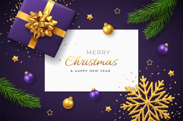 正方形の紙のバナー、金色の弓、松の枝、金の星とキラキラの雪の結晶、ボール安物の宝石と現実的なギフトボックスとクリスマスの背景。紫のクリスマスの背景、グリーティングカード。ベクター。